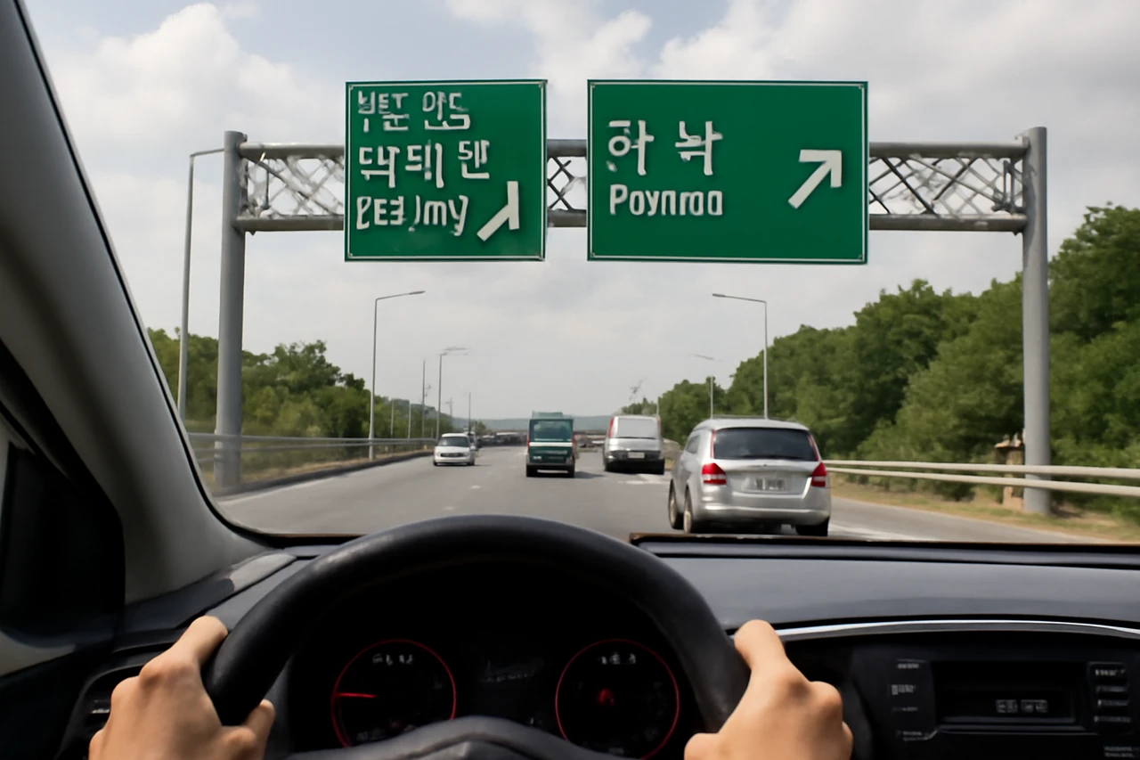 출구 표지판 앞 운전 장면 / AI 생성 이미지