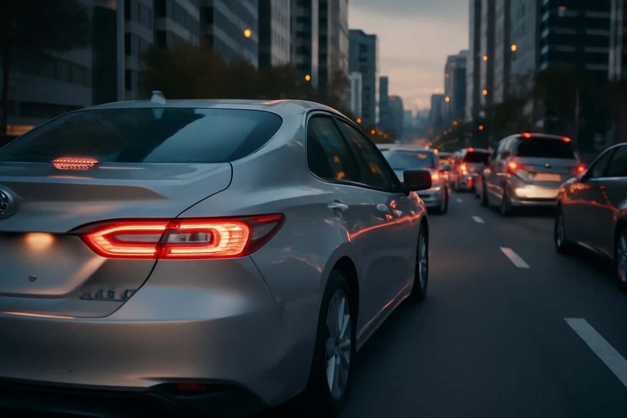 도심 정체 구간을 달리는 하이브리드 세단 / AI 생성 이미지